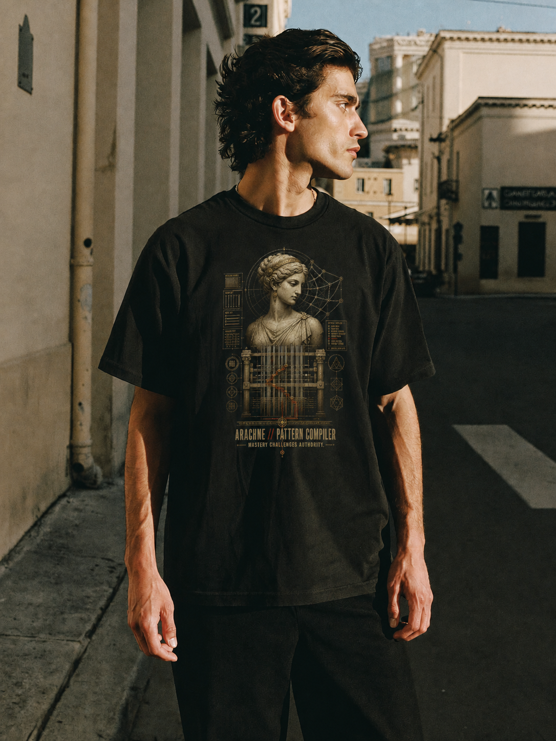 Arachne Pattern Compiler black T-shirt — male Athens lifestyle shot 01