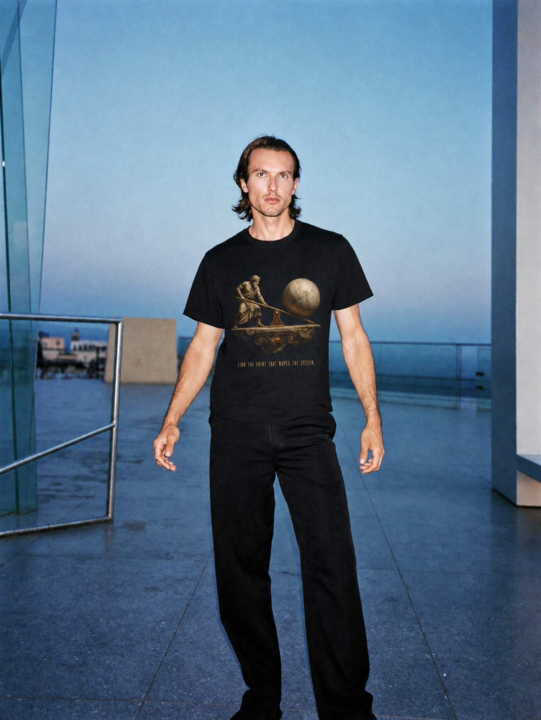 Archimedes Leverage Principle T-Shirt — male lifestyle scene 1 in Athens