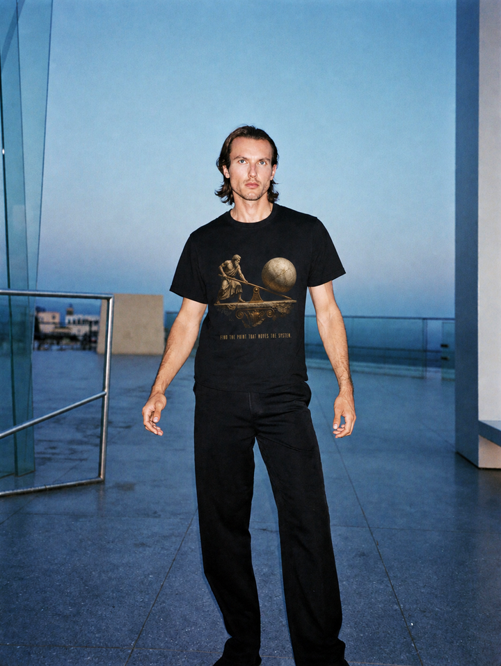 Archimedes Leverage Principle T-Shirt — male lifestyle scene 1 in Athens