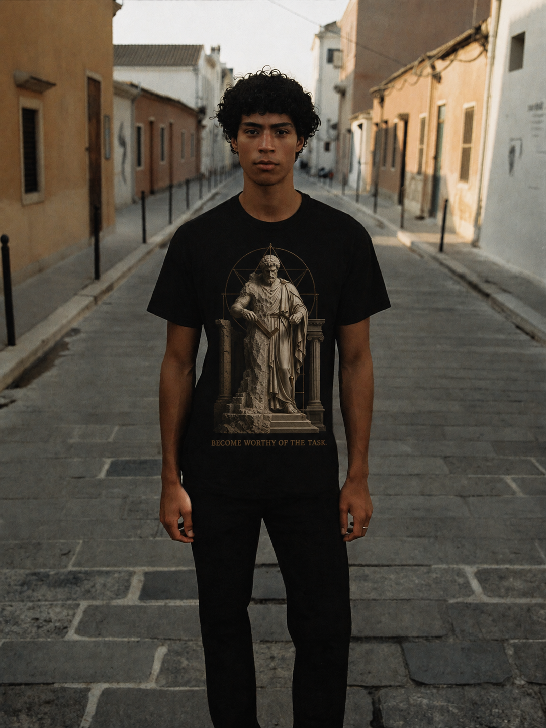 Arete Excellence Standard black T-shirt — male Athens lifestyle shot 01