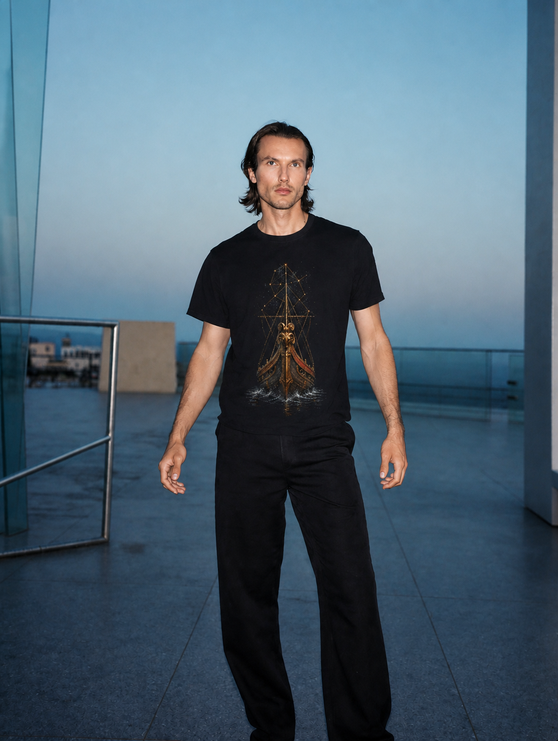 Argo Celestial Hull black T-shirt — male Athens lifestyle shot 01