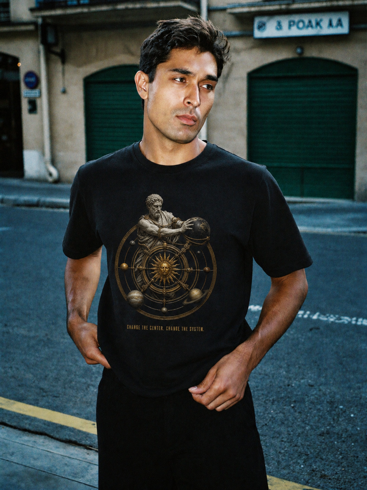 Aristarchus Center Shift T-Shirt — male lifestyle scene 1 in Athens