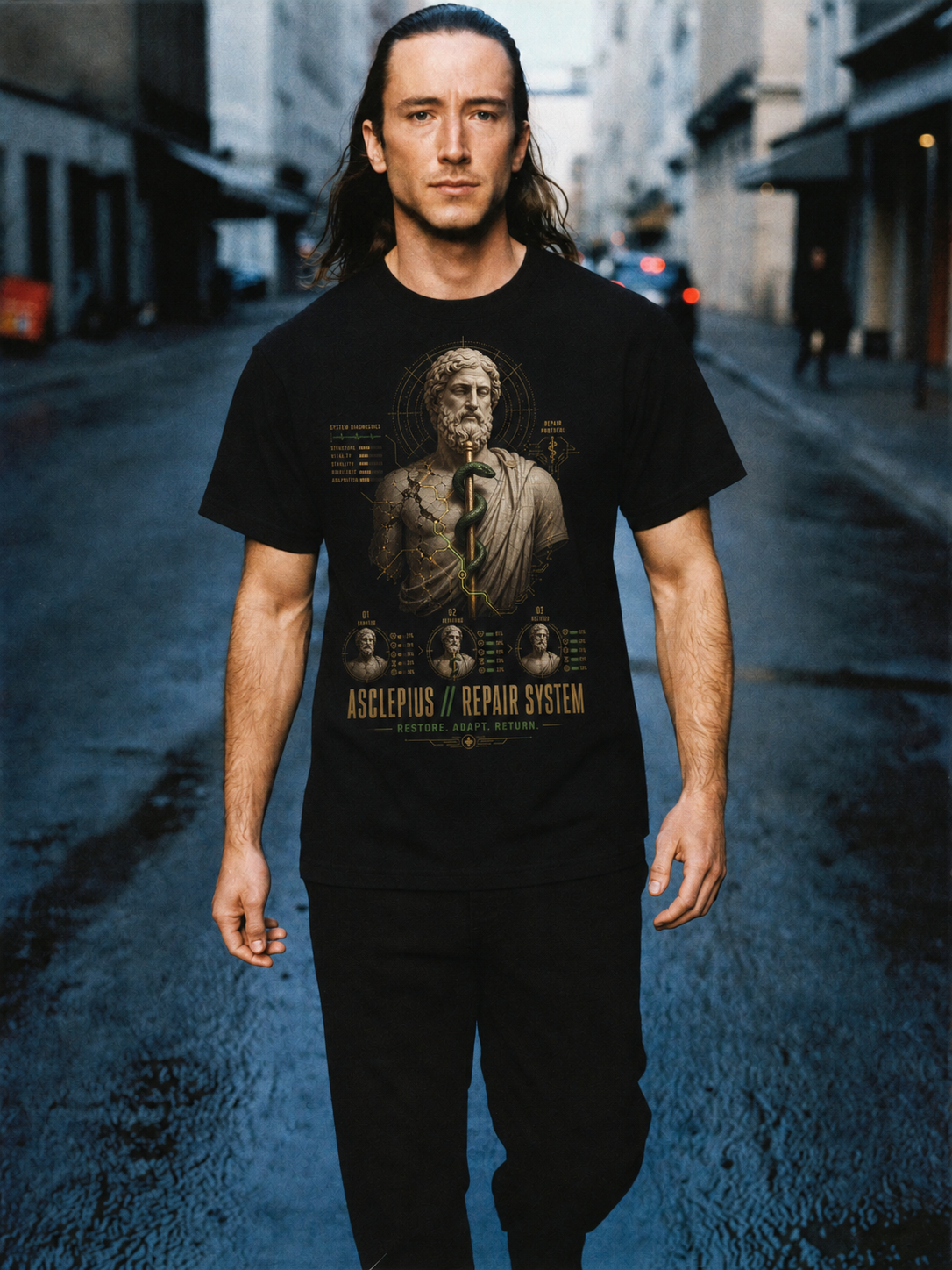 Asclepius Repair System black T-shirt — male Athens lifestyle shot 01
