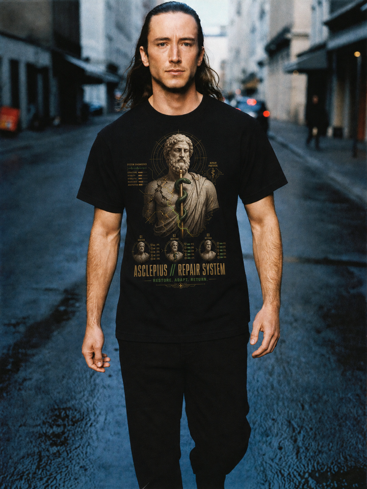 Asclepius Repair System black T-shirt — male Athens lifestyle shot 01
