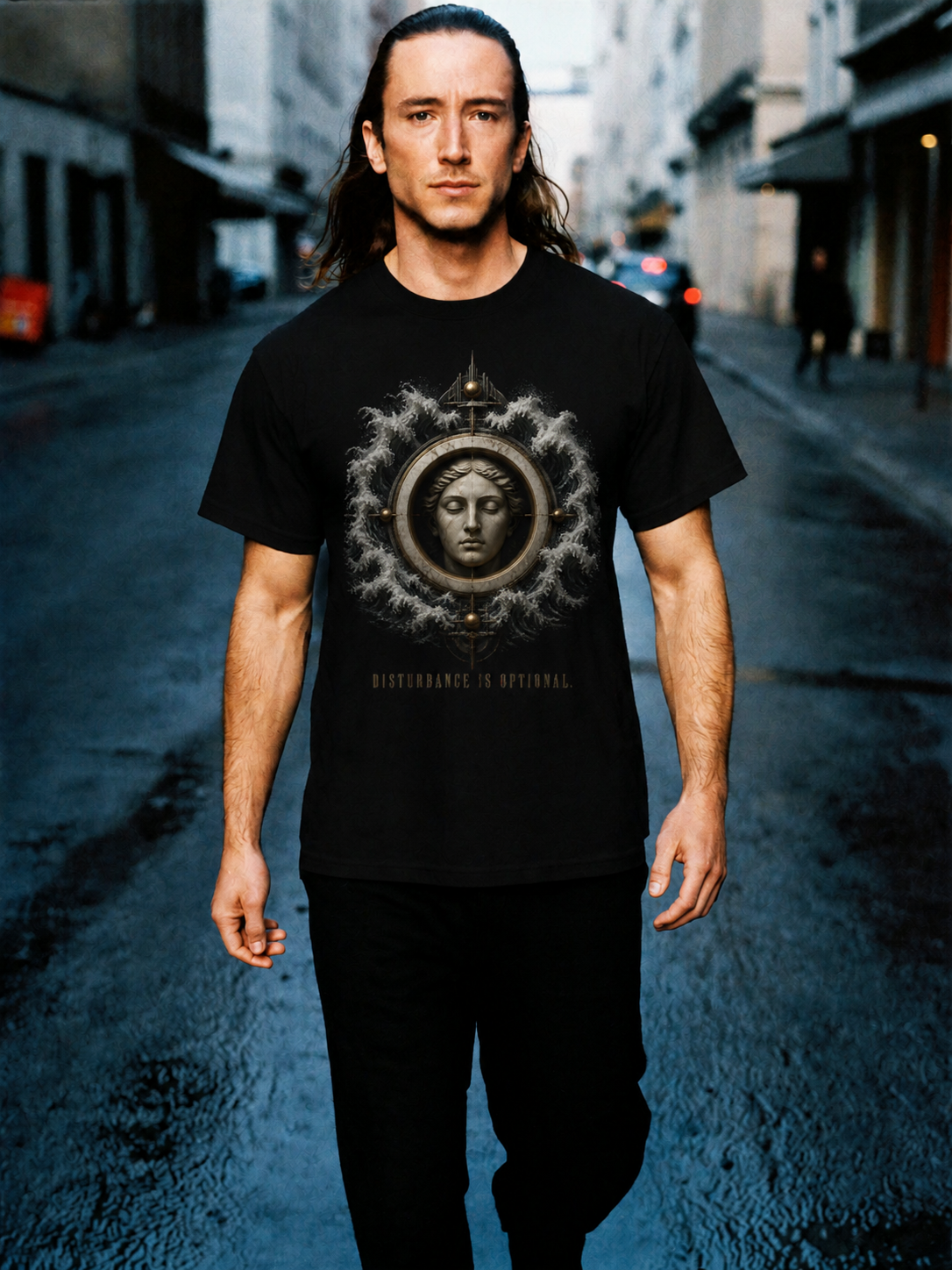 Ataraxia Quiet State black T-shirt — male Athens lifestyle shot 01