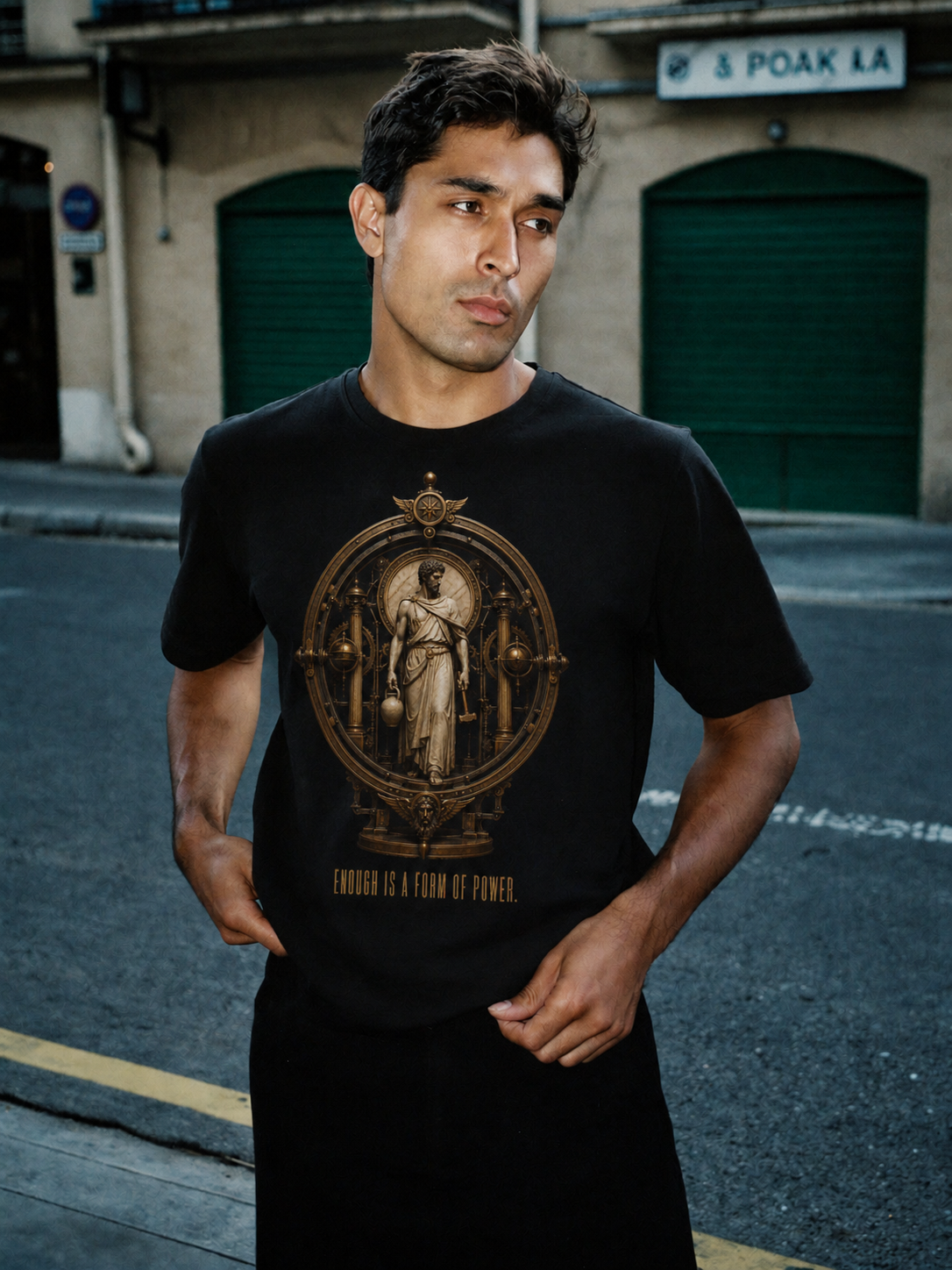 Autarkeia Independent State black T-shirt — male Athens lifestyle shot 01