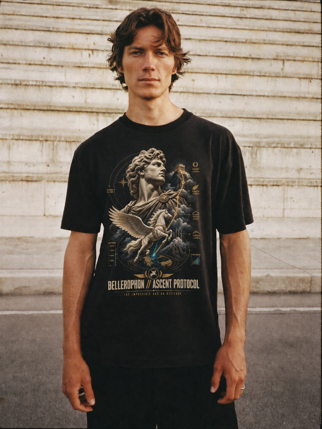 Bellerophon Ascent Protocol black T-shirt — male Athens lifestyle shot 01