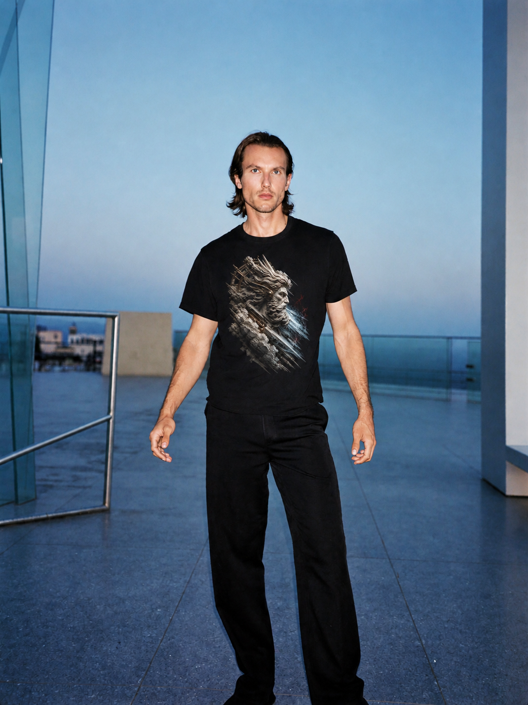 Boreas North Current black T-shirt — male Athens lifestyle shot 01