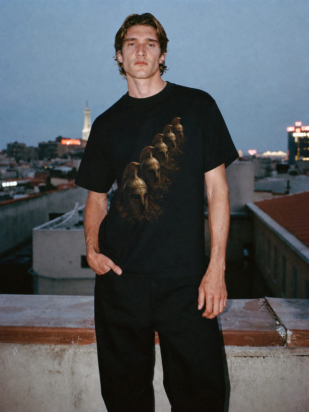 Cadmus Sown Warriors black T-shirt — male Athens lifestyle shot 01