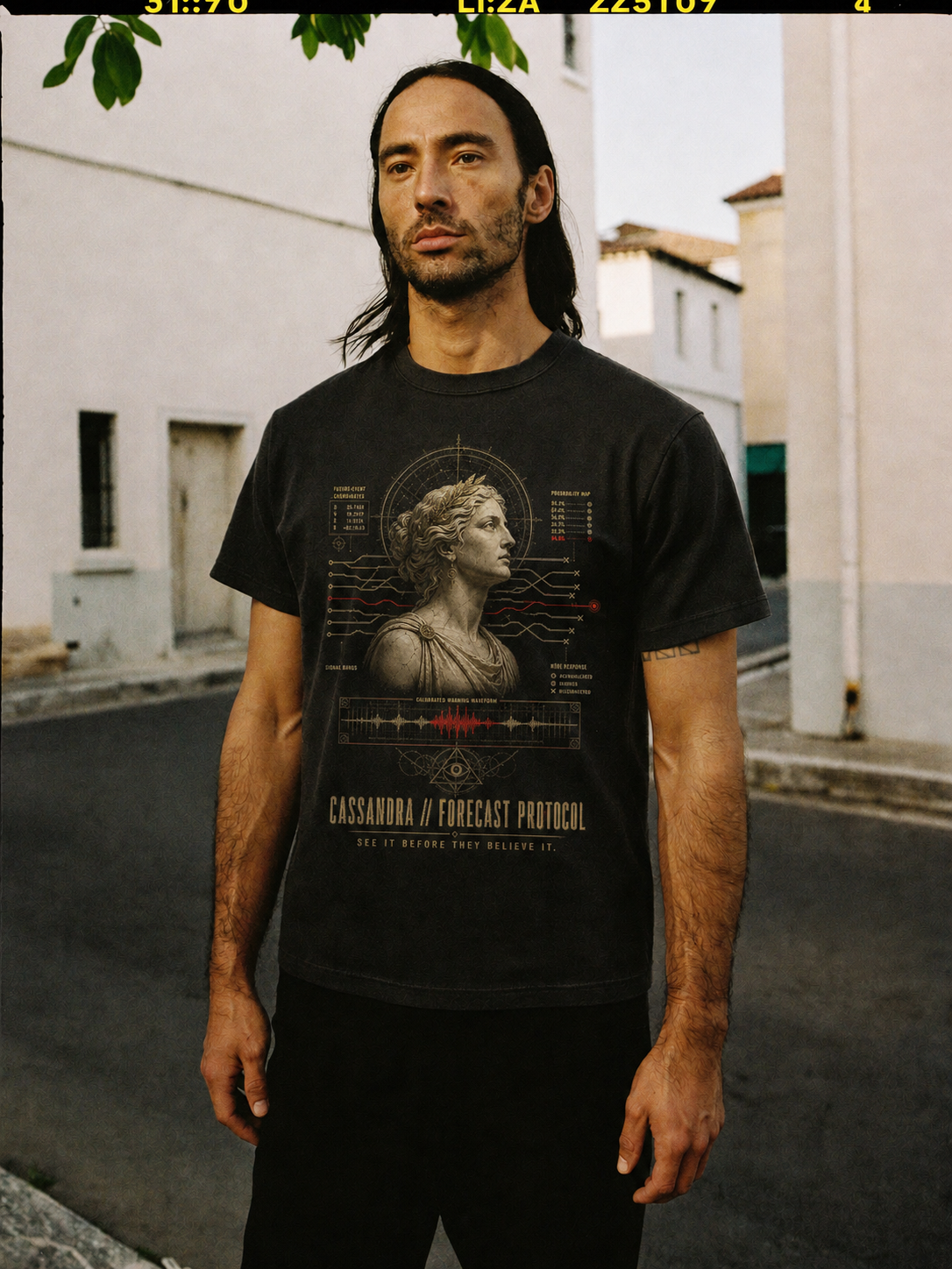 Cassandra Forecast Protocol black T-shirt — male Athens lifestyle shot 01