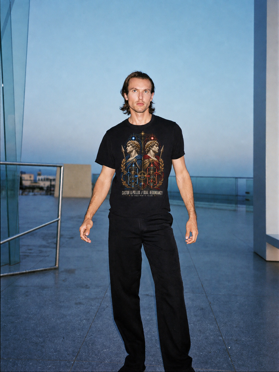 Castor Pollux Dual Redundancy black T-shirt — male Athens lifestyle shot 01