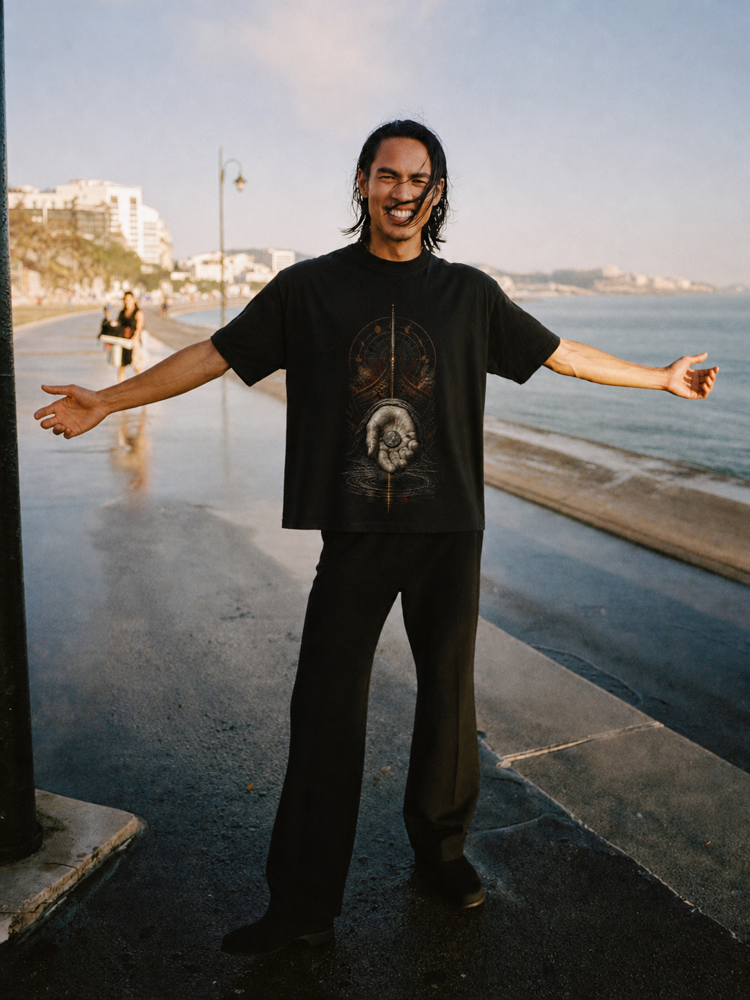 Charon's Obol black T-shirt — male Athens lifestyle shot 01
