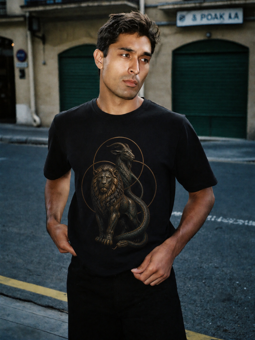 Chimera Tri-Form black T-shirt — male Athens lifestyle shot 01