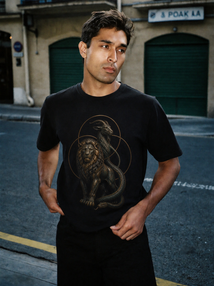 Chimera Tri-Form black T-shirt — male Athens lifestyle shot 01