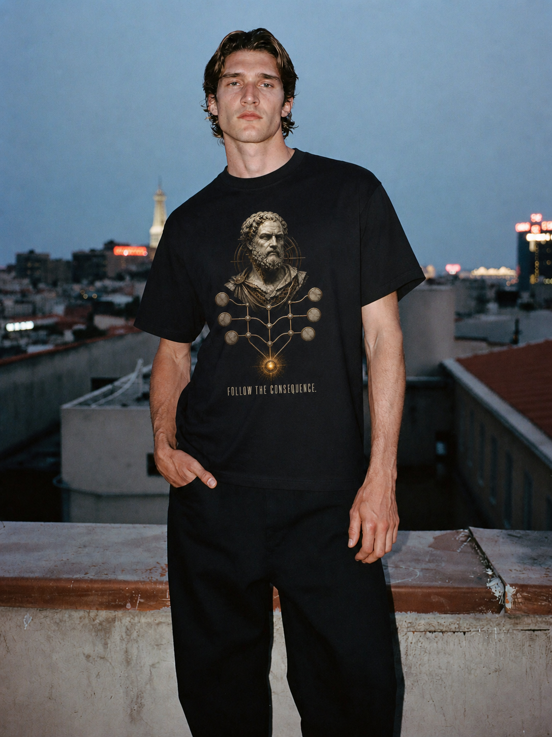 Chrysippus Logic Mesh black T-shirt — male Athens lifestyle shot 01