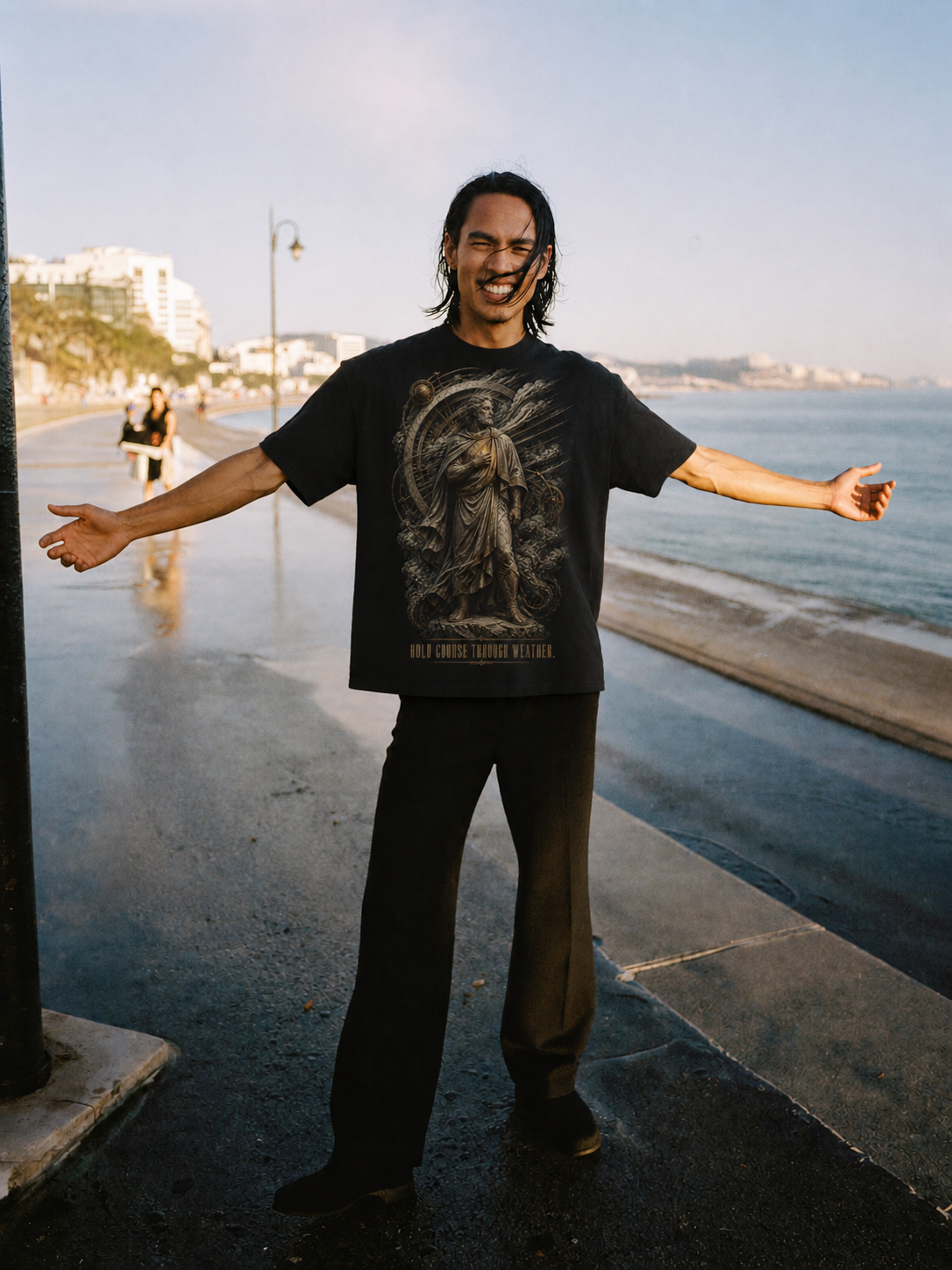 Cleanthes Inner Fire black T-shirt — male Athens lifestyle shot 01