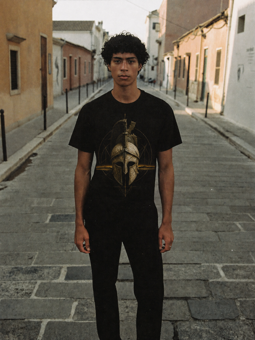 Corinthian Sentinel black T-shirt — male Athens lifestyle shot 01