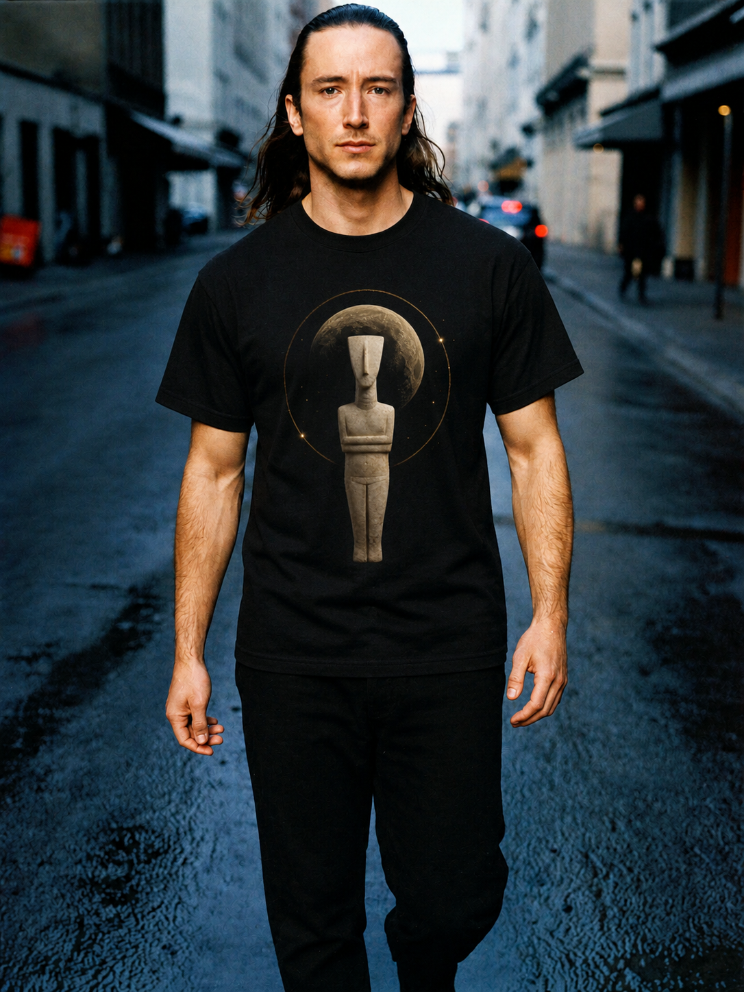 Cycladic Star Figure black T-shirt — male Athens lifestyle shot 01