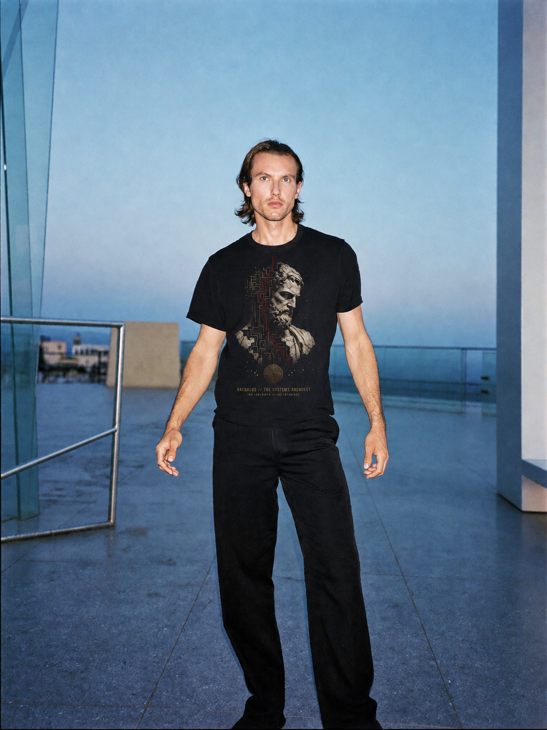 Daedalus Systems Architect black T-shirt — male Athens ImageGen lifestyle view 1