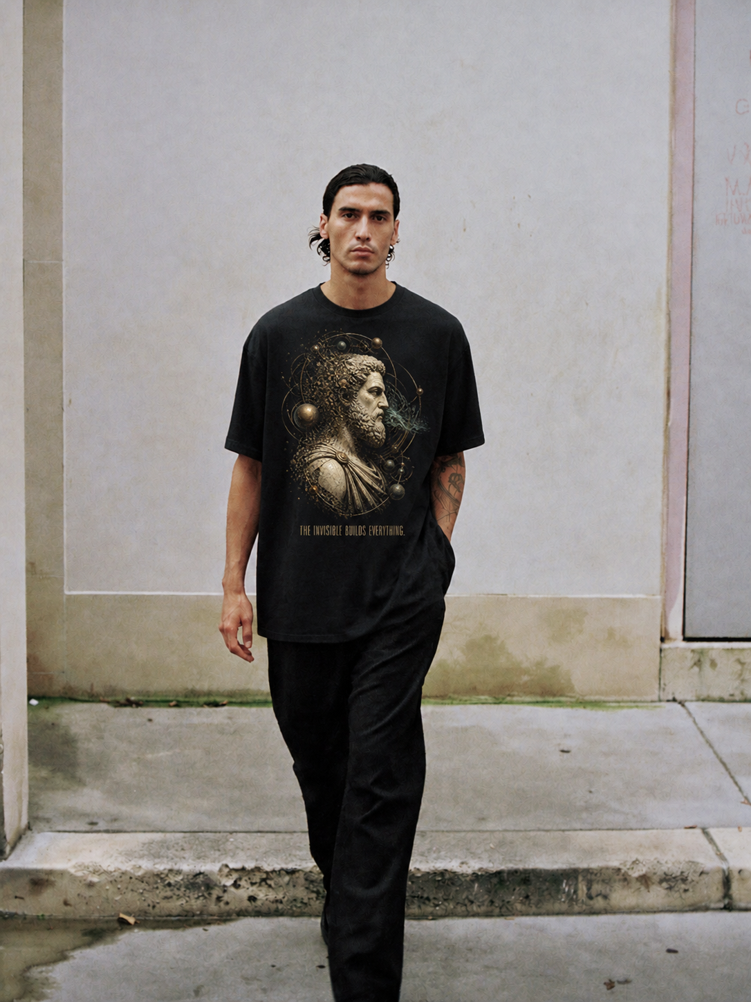 Democritus Atomic Field black T-shirt — male Athens lifestyle shot 01