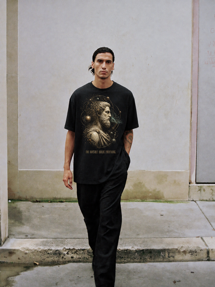 Democritus Atomic Field black T-shirt — male Athens lifestyle shot 01