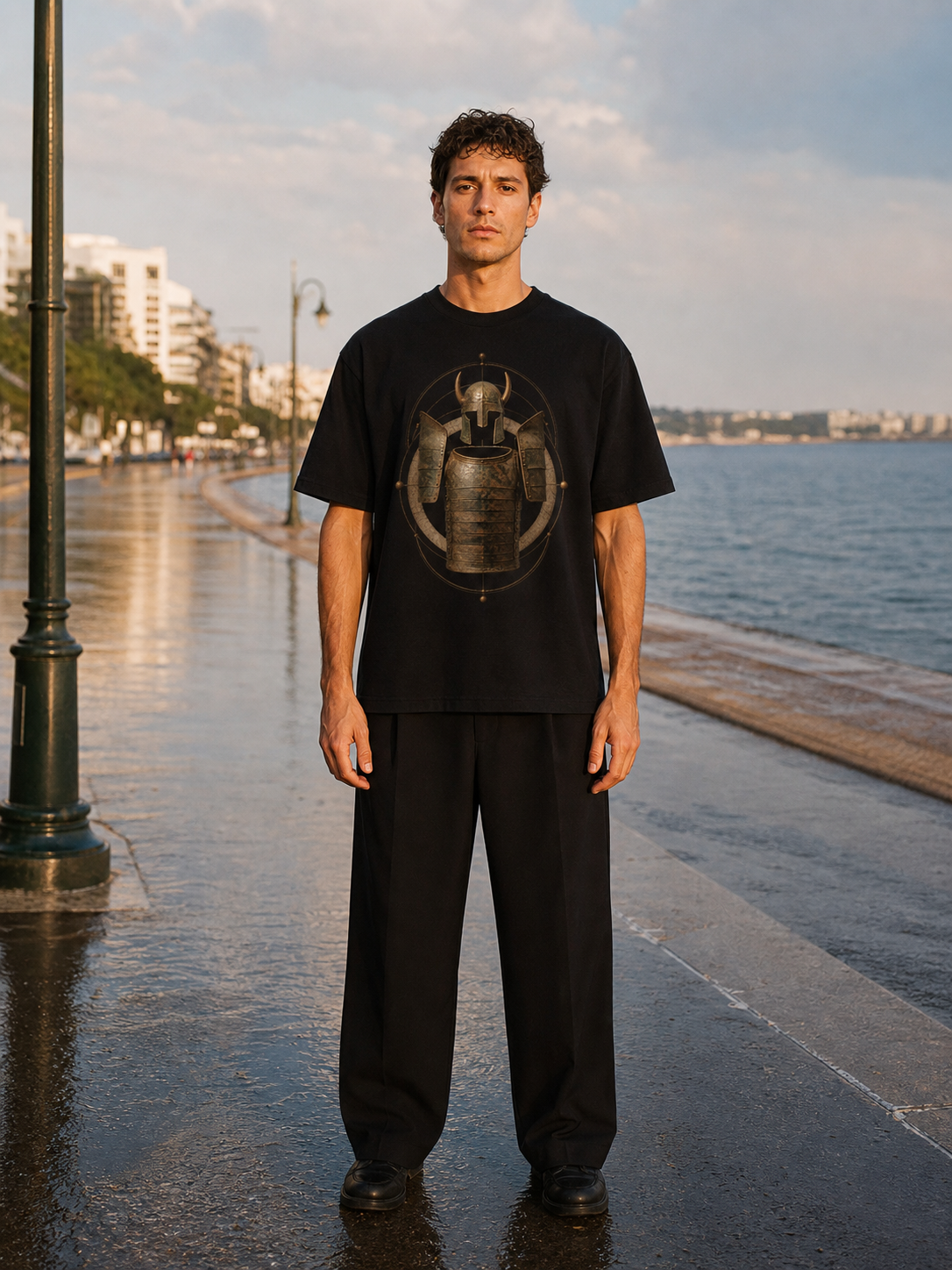 Dendra Bronze Shell black T-shirt — male Athens lifestyle shot 01