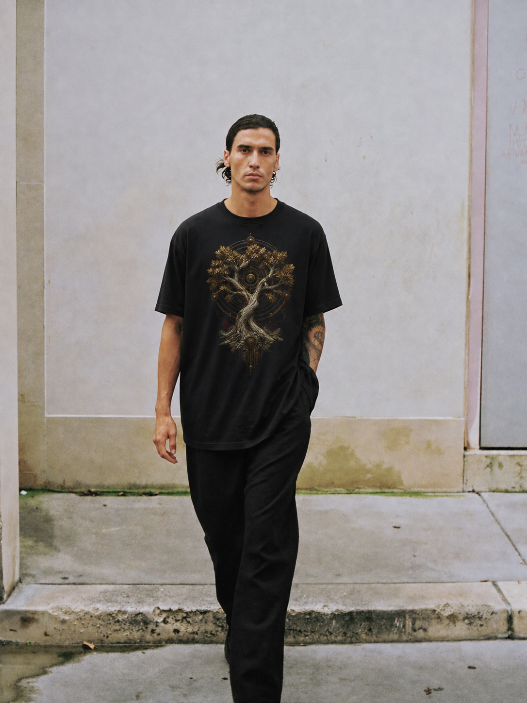 Dodona Sacred Oak black T-shirt — male Athens lifestyle shot 01
