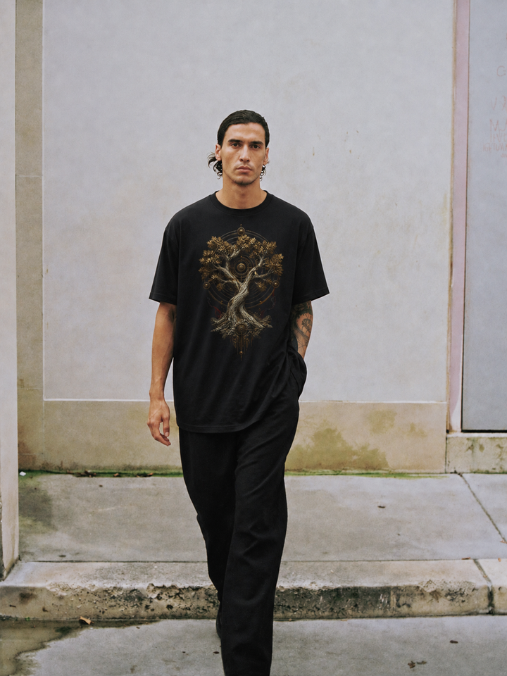 Dodona Sacred Oak black T-shirt — male Athens lifestyle shot 01