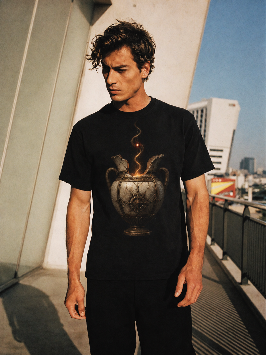 Elpis Last Ember black T-shirt — male Athens lifestyle shot 01