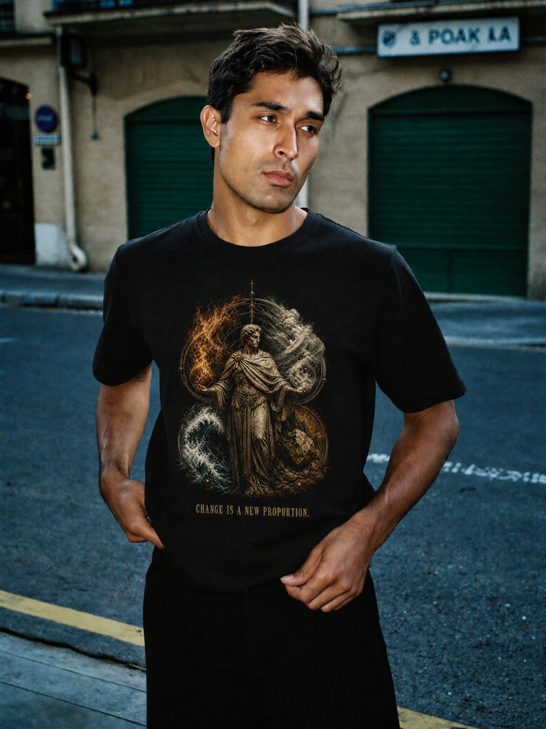 Empedocles Four Roots black T-shirt — male Athens lifestyle shot 01