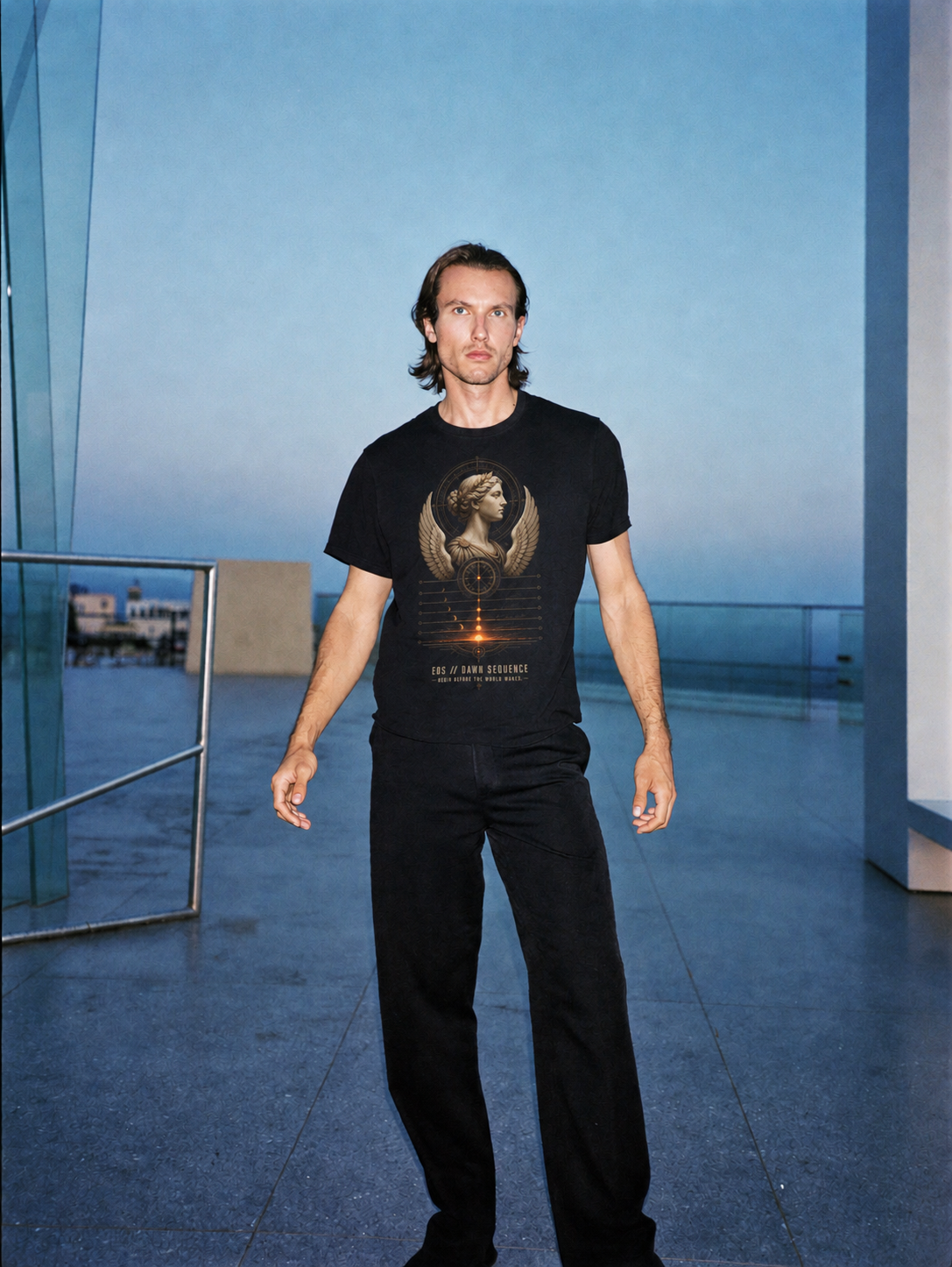 Eos Dawn Sequence black T-shirt — male Athens lifestyle shot 01