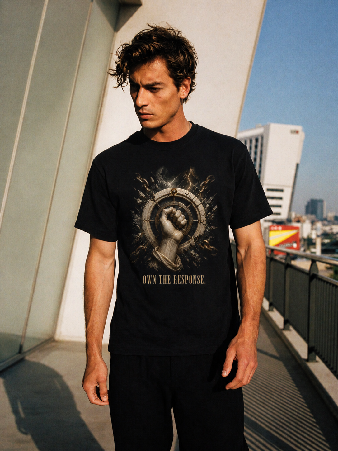 Epictetus Control Boundary black T-shirt — male Athens lifestyle shot 01