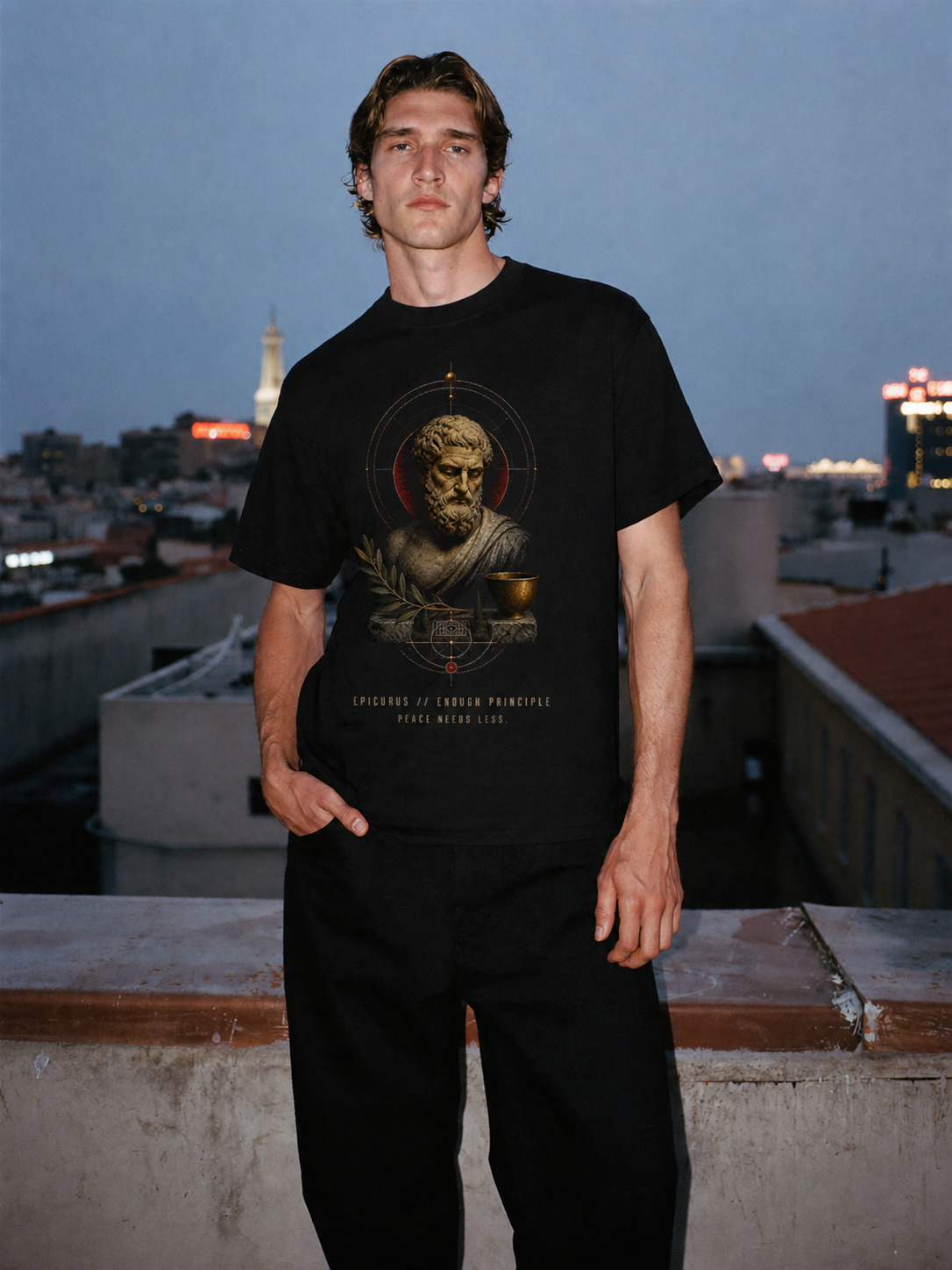 Epicurus Enough Principle black T-shirt — male Athens lifestyle shot 01