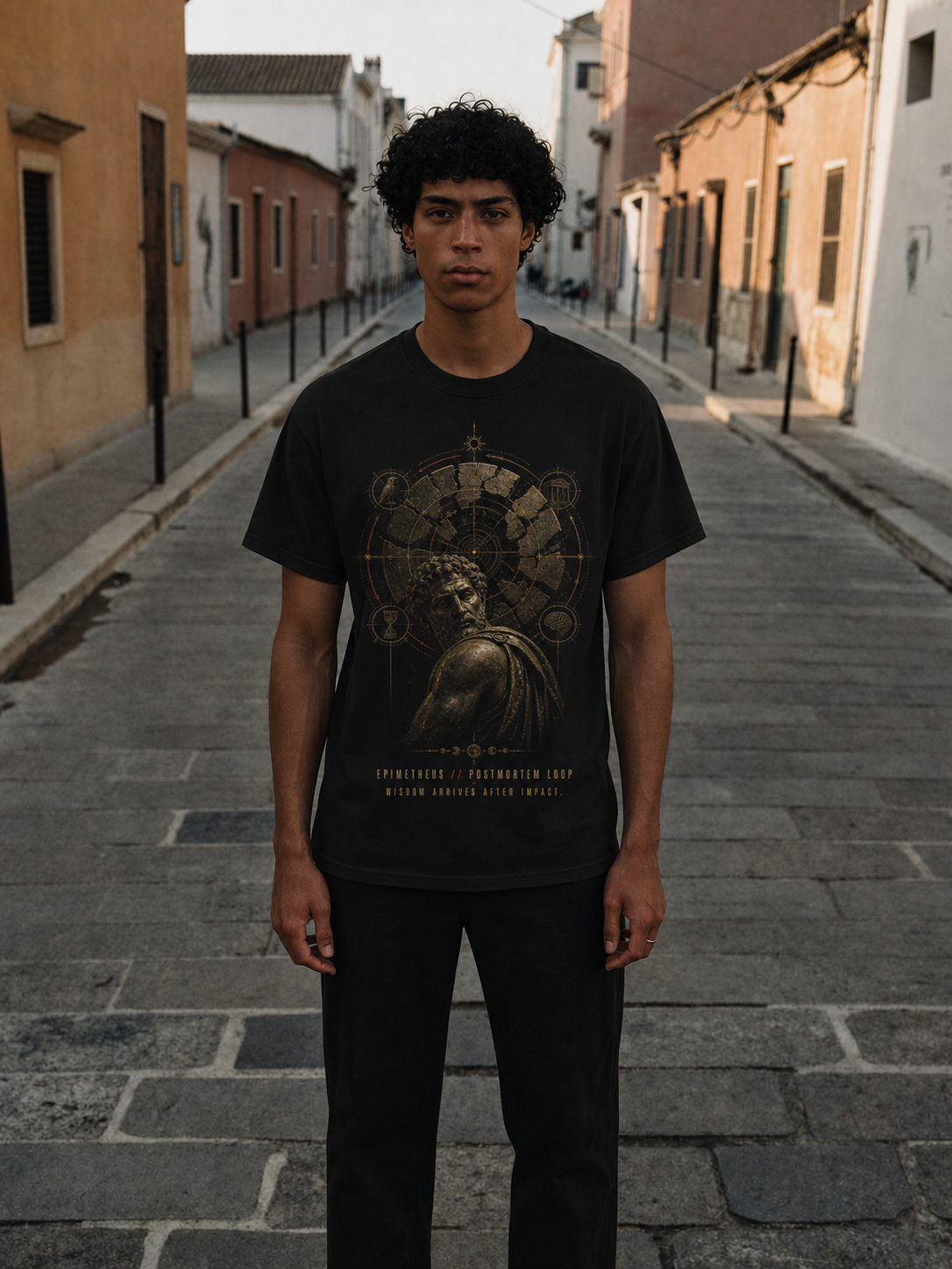 Epimetheus Postmortem Loop black T-shirt — male Athens lifestyle shot 01