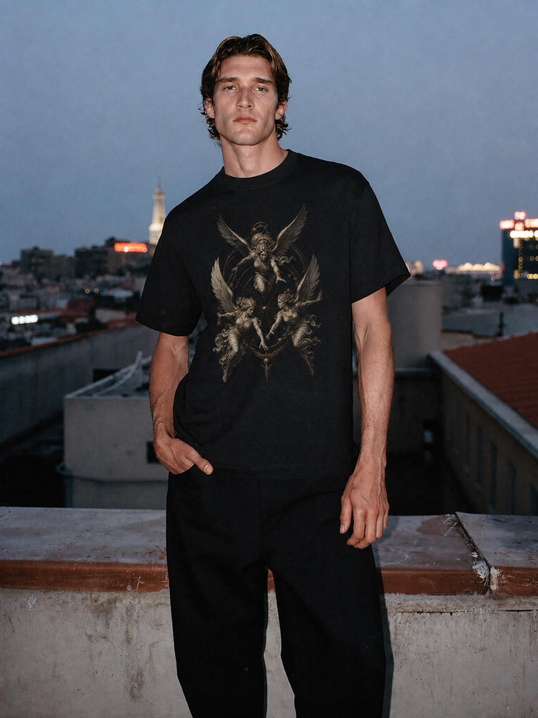Erinyes Triple Pursuit black T-shirt — male Athens lifestyle shot 01