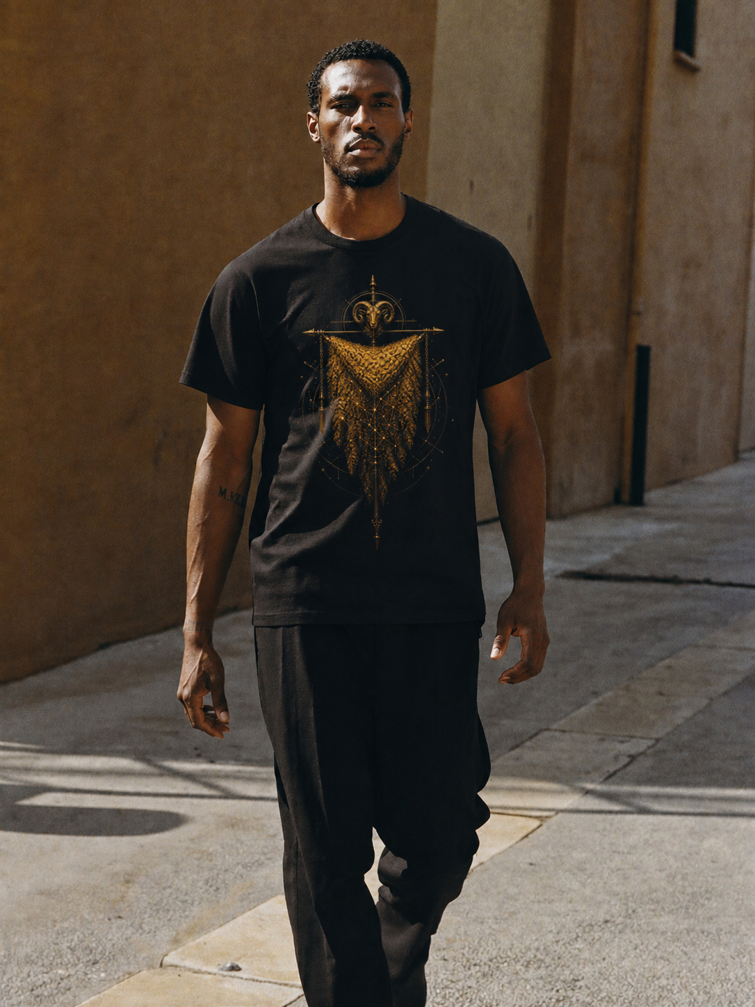 Golden Fleece Relic black T-shirt — male Athens lifestyle shot 01