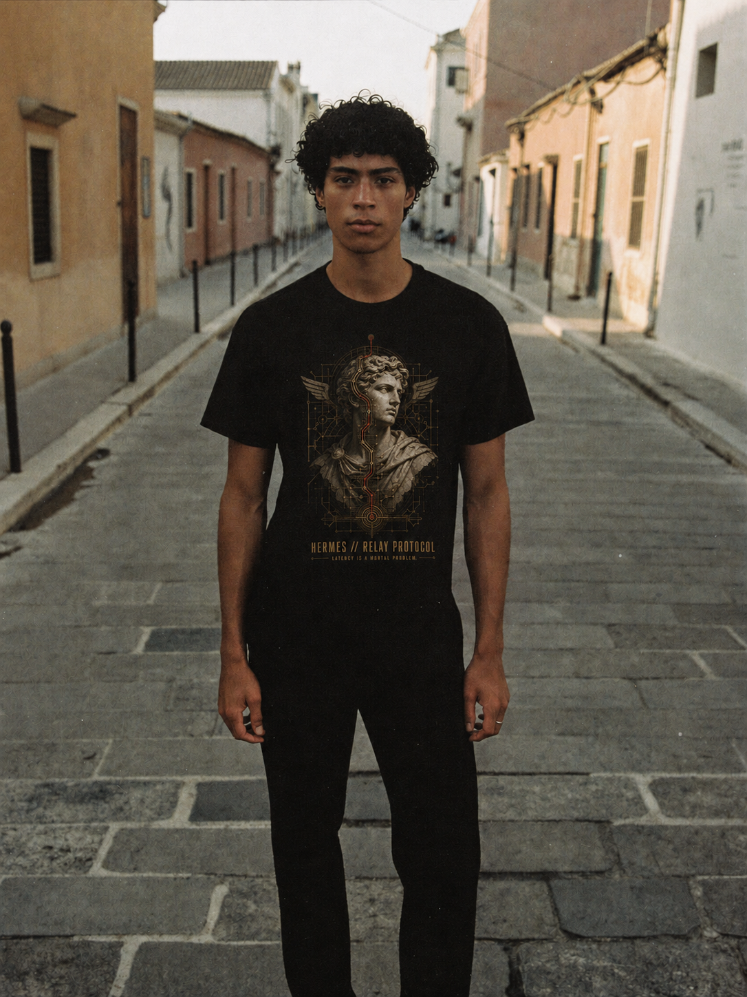 Hermes Relay Protocol black T-shirt — male Athens lifestyle shot 01