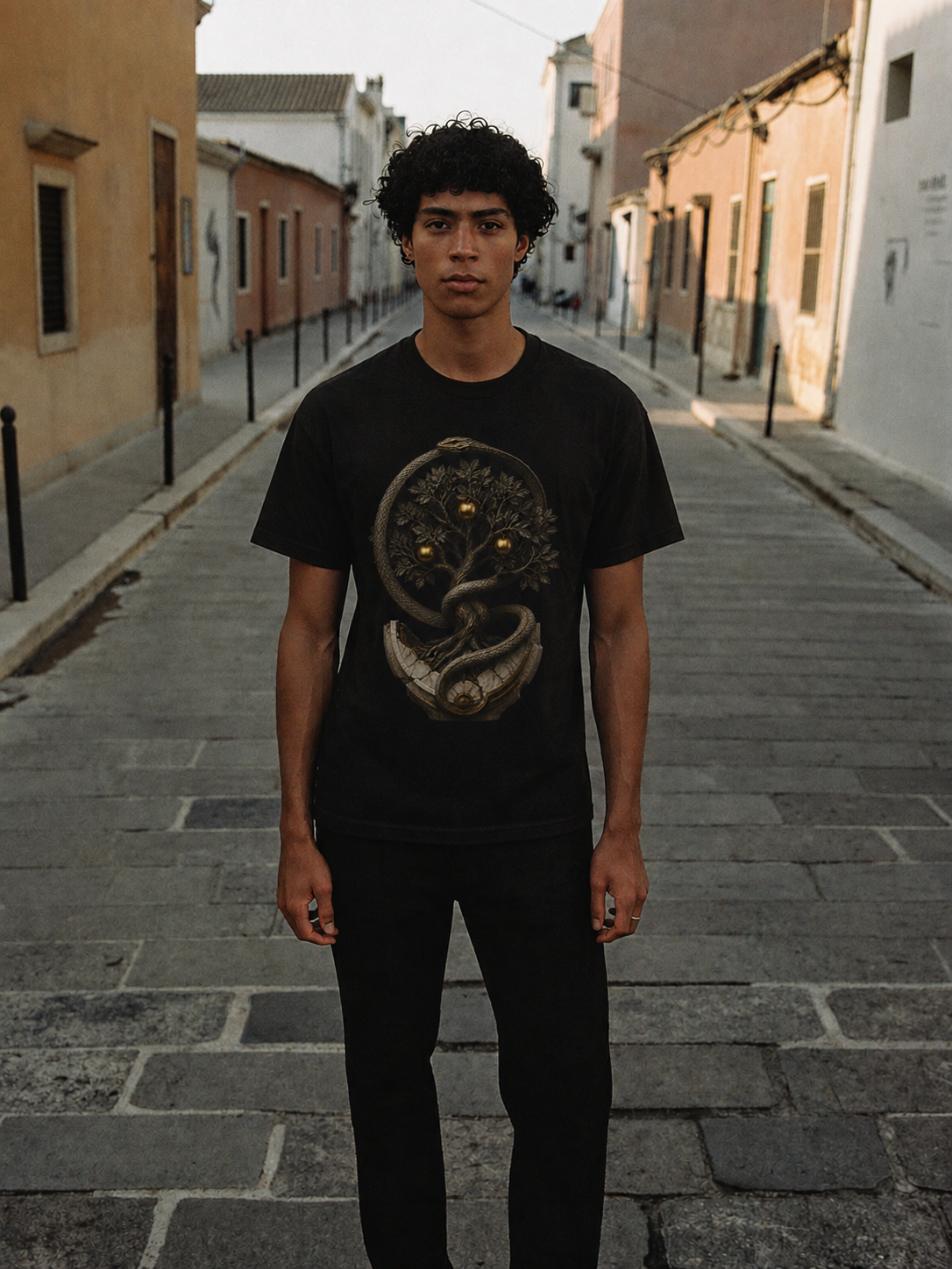 Hesperides Golden Orchard black T-shirt — male Athens lifestyle shot 01
