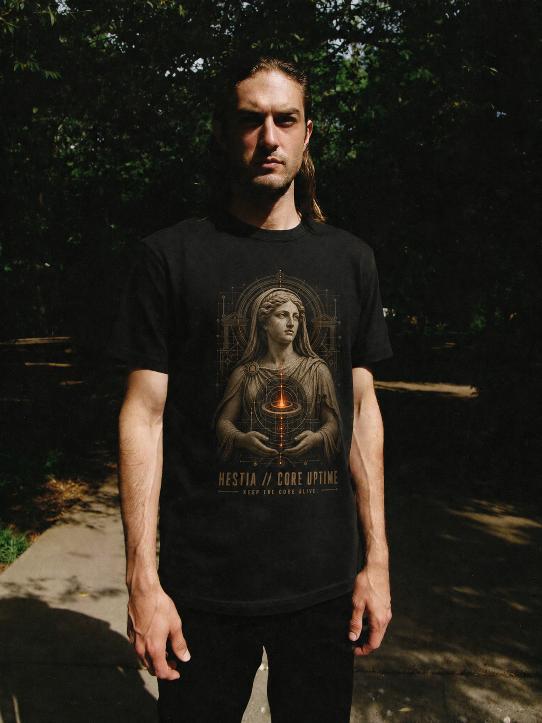 Hestia Core Uptime black T-shirt — male Athens lifestyle shot 01