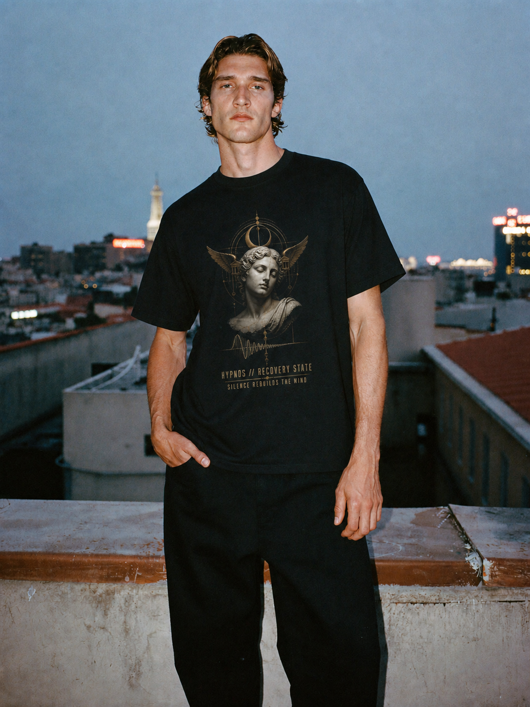 Hypnos Recovery State black T-shirt — male Athens lifestyle shot 01