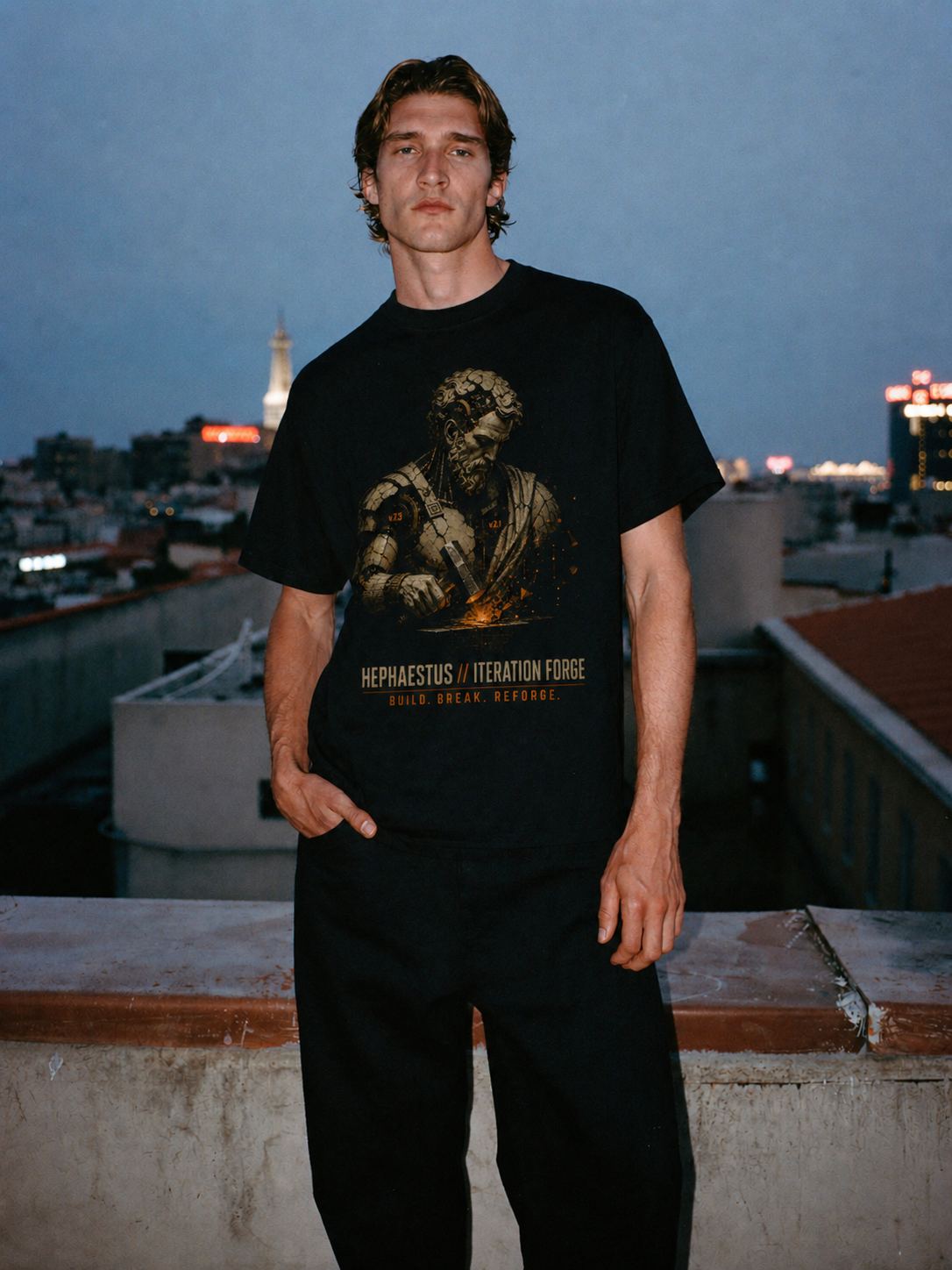 Hephaestus Iteration Forge black T-shirt — male Athens lifestyle view 1