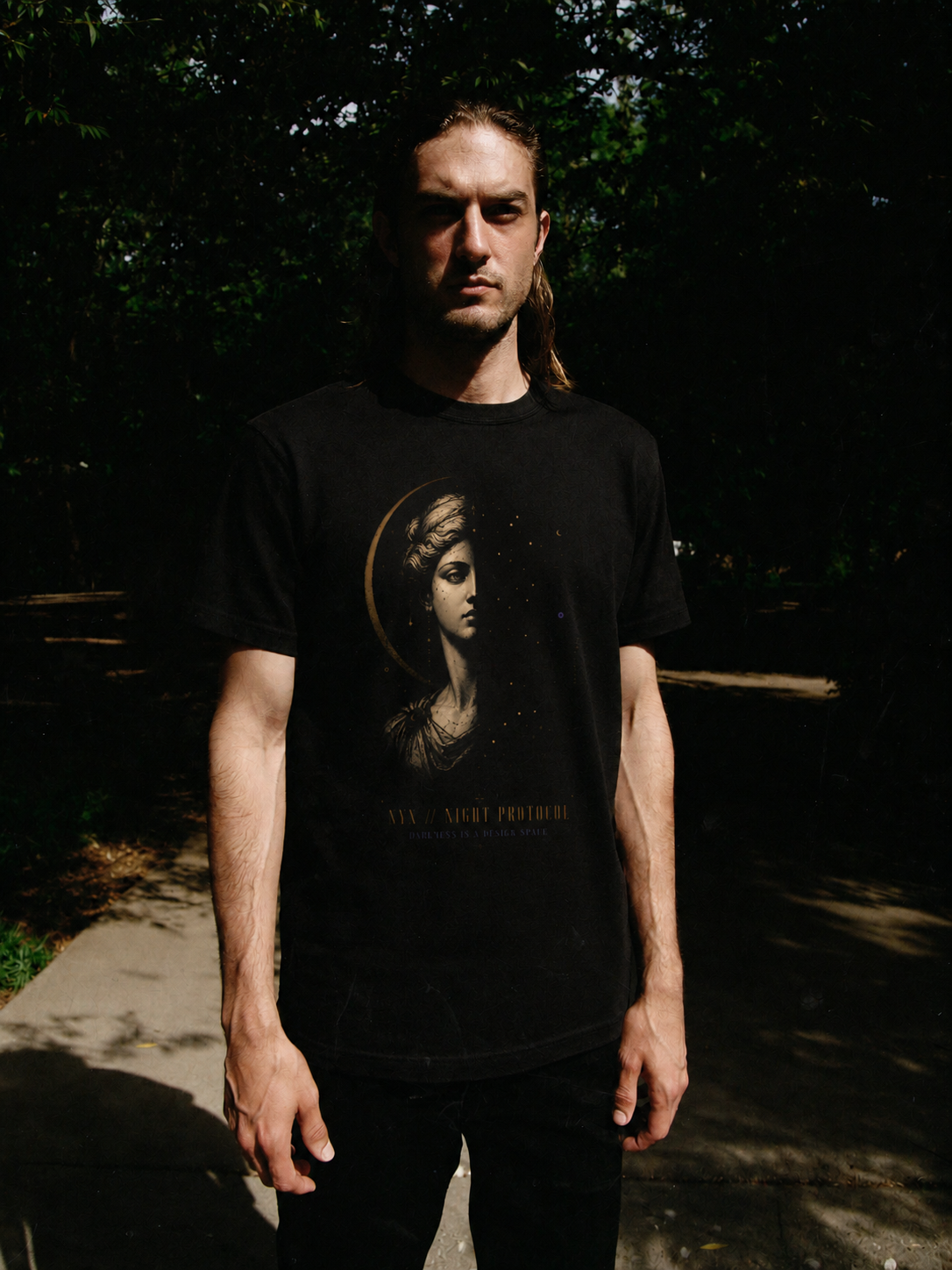 Nyx Night Protocol black T-shirt — male Athens lifestyle view 1
