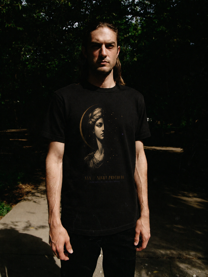 Nyx Night Protocol black T-shirt — male Athens lifestyle view 1