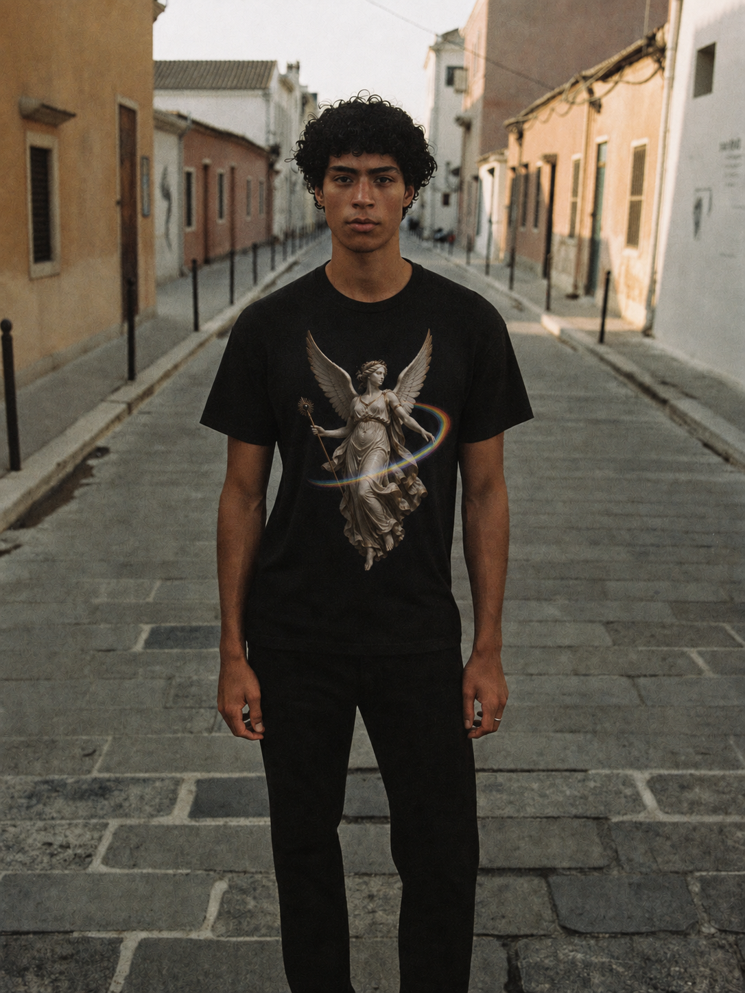 Iris Prism Arc black T-shirt — male Athens lifestyle shot 01