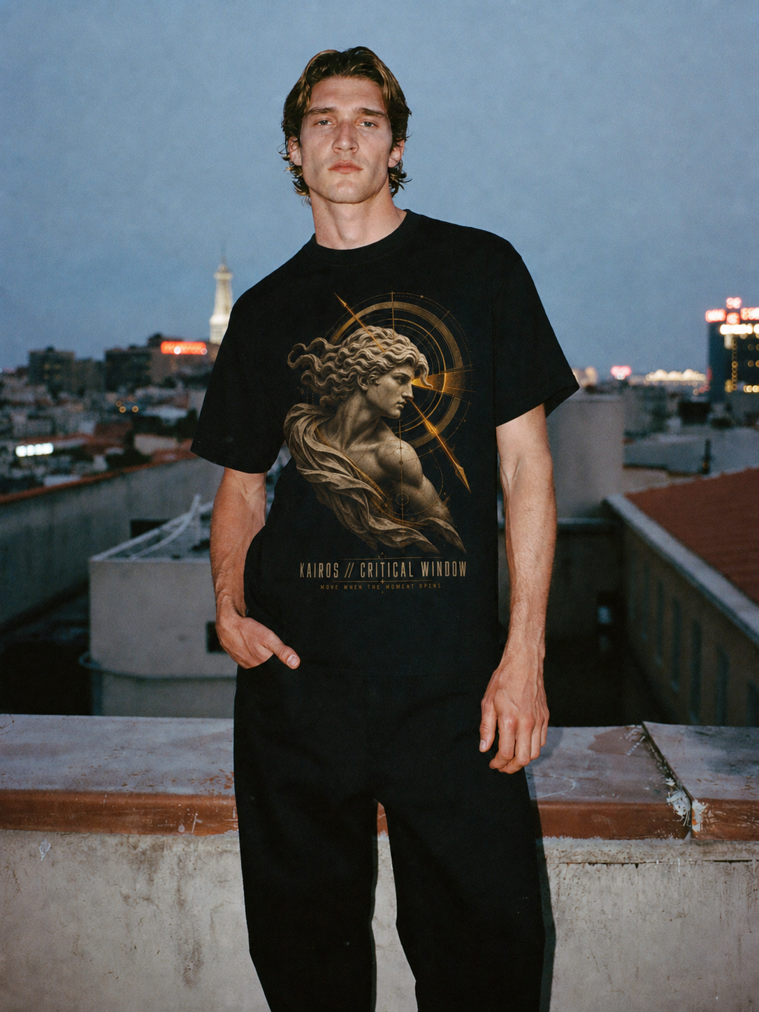 Kairos Critical Window black T-shirt — male Athens lifestyle shot 01