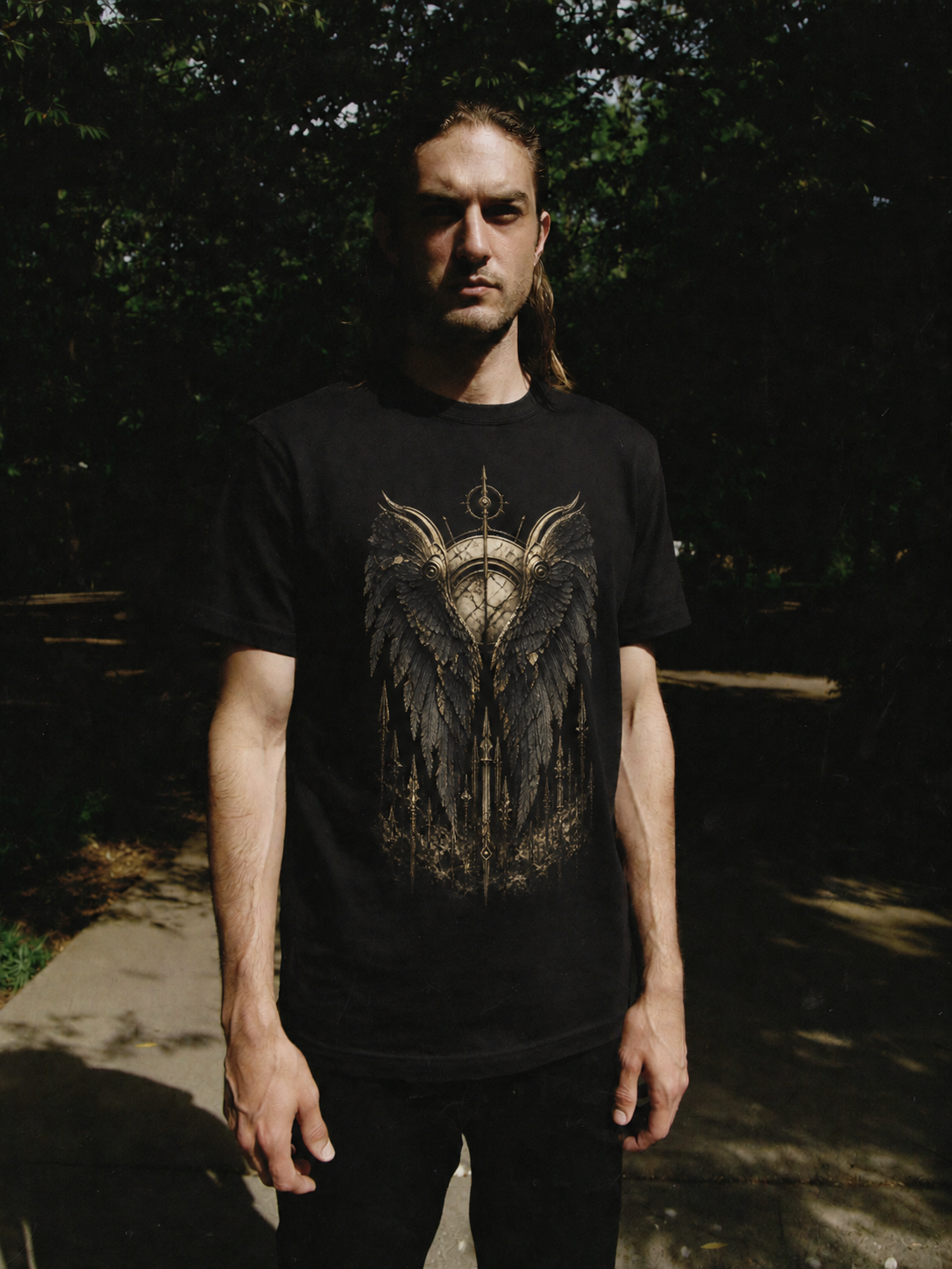 Keres Black Wings black T-shirt — male Athens lifestyle shot 01