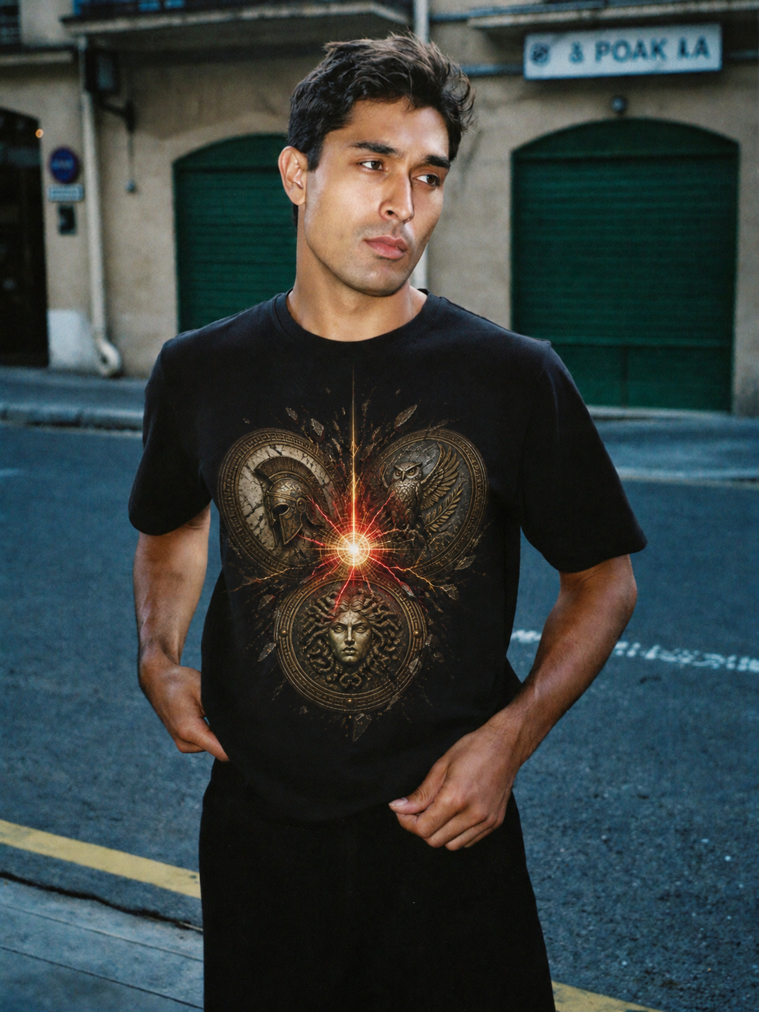 Kouretes Shield Circle black T-shirt — male Athens lifestyle shot 01