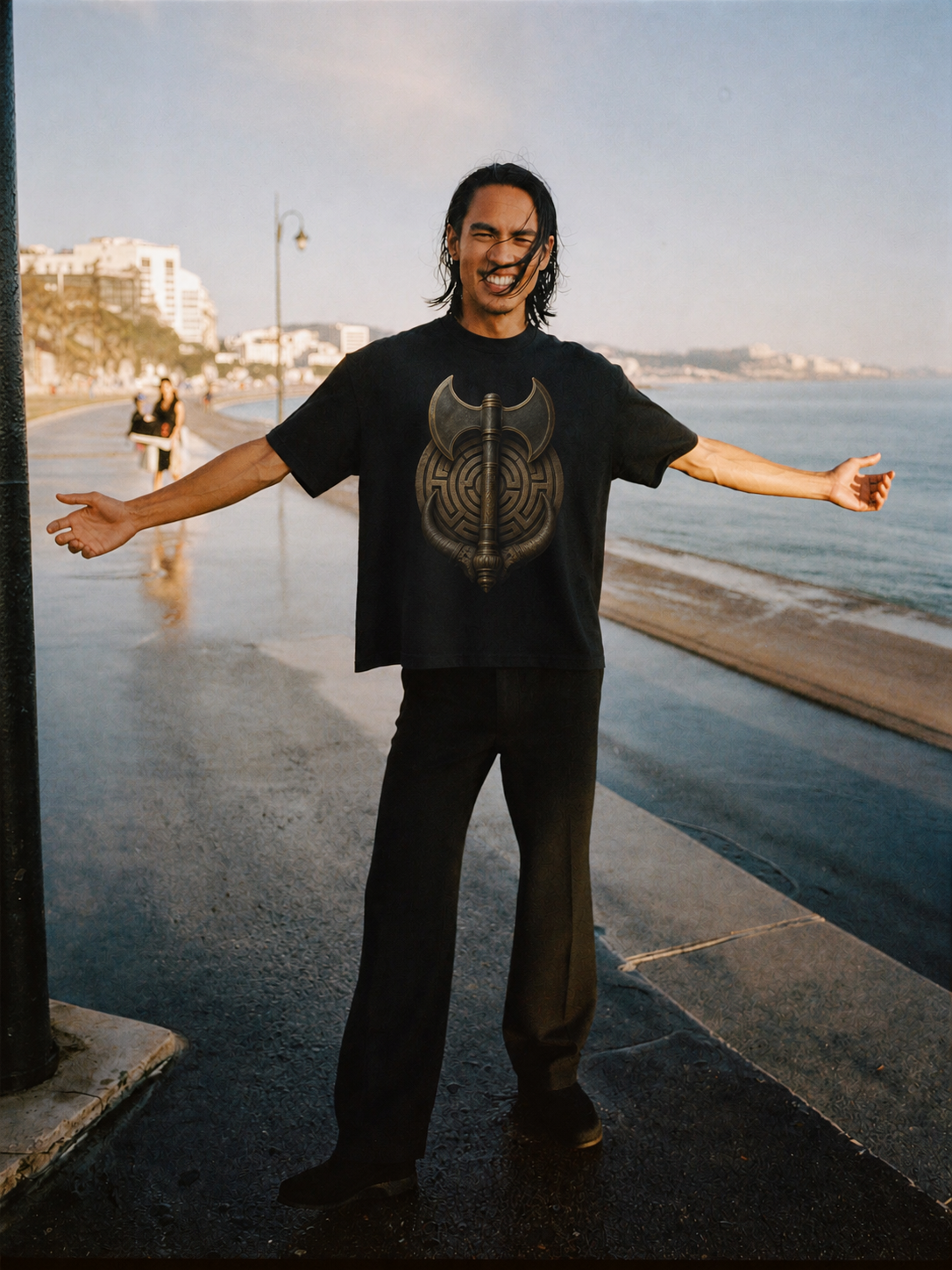 Labrys of Knossos black T-shirt — male Athens lifestyle shot 01