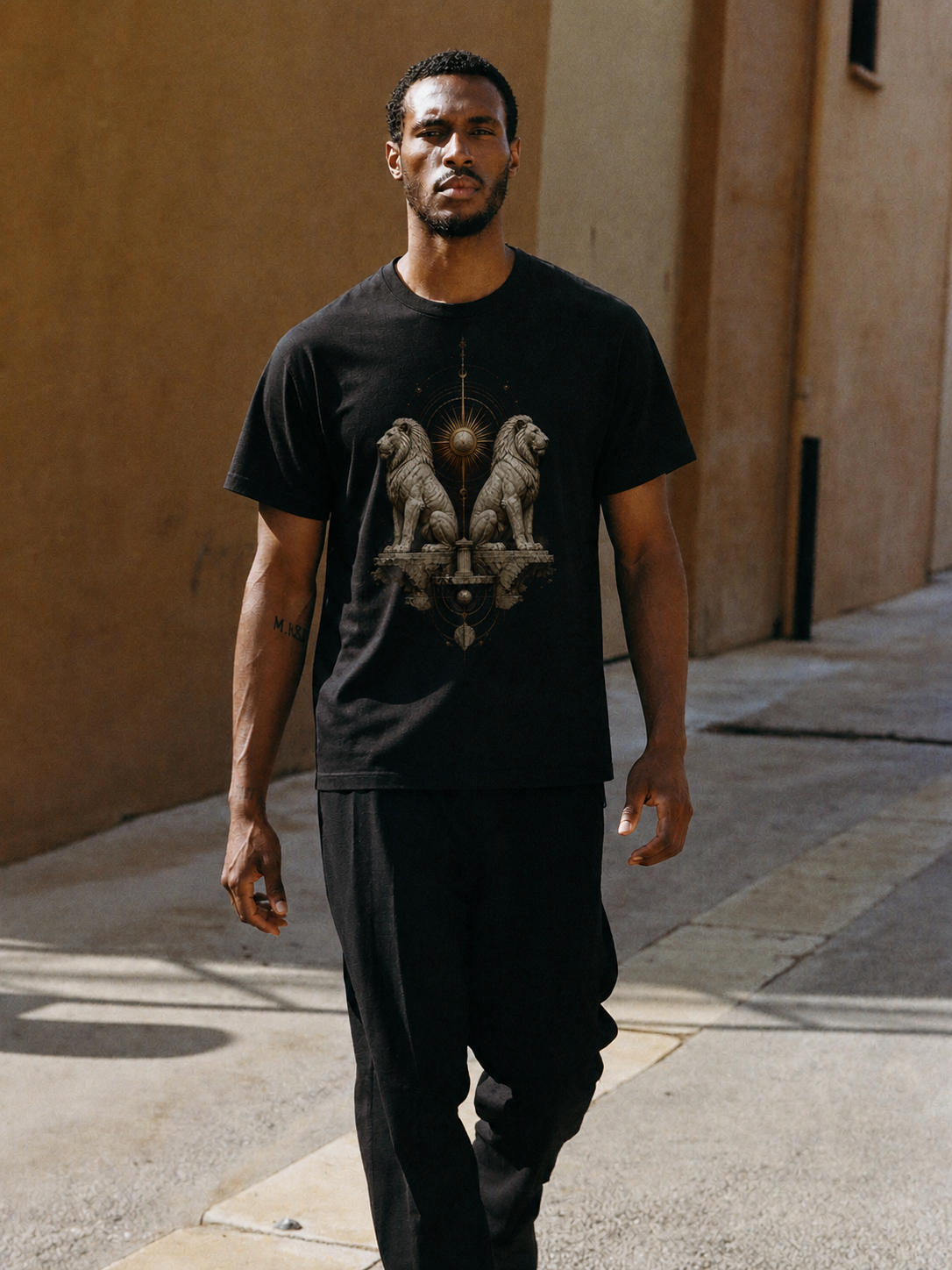 Lions of Delos black T-shirt — male Athens lifestyle shot 01