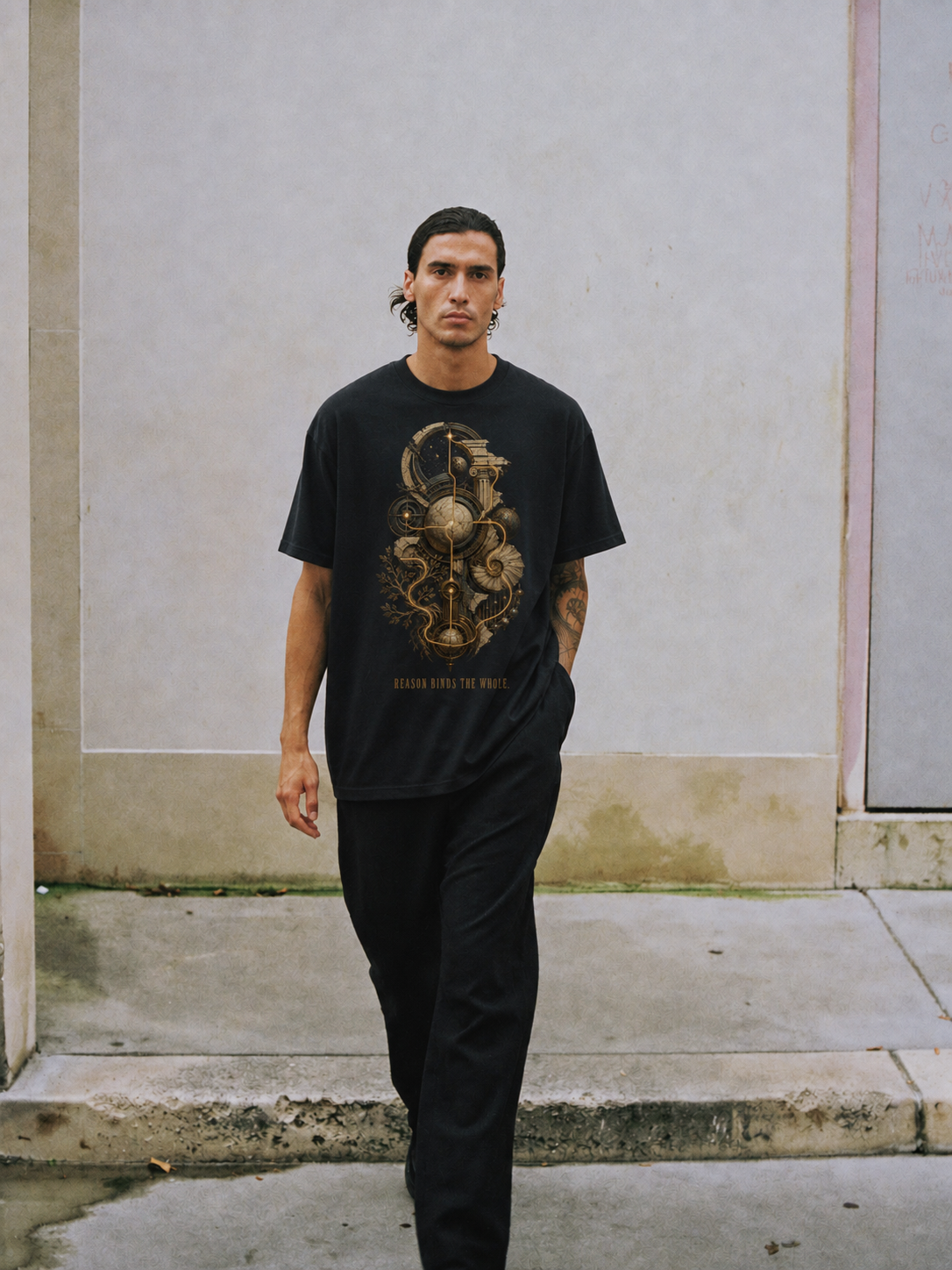Logos Coherent Order black T-shirt — male Athens lifestyle shot 01